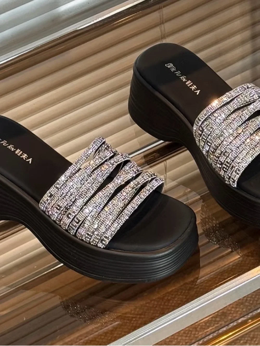Black Platform Slide Sandals with Silver Crystal Straps - Women Shoes
